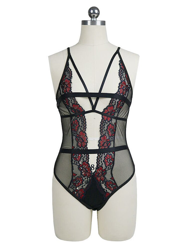 Women's Black and Red Floral Lace Mesh Teddy