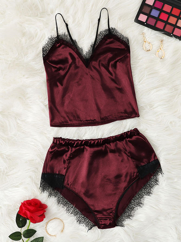 Women's Burgundy Satin Lace-Trim Cami and Shorts Lingerie Set
