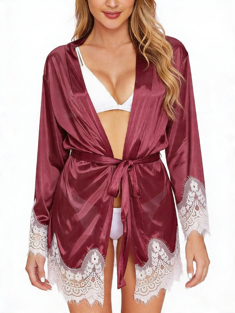 Women's Burgundy Satin Lace-Trim Robe