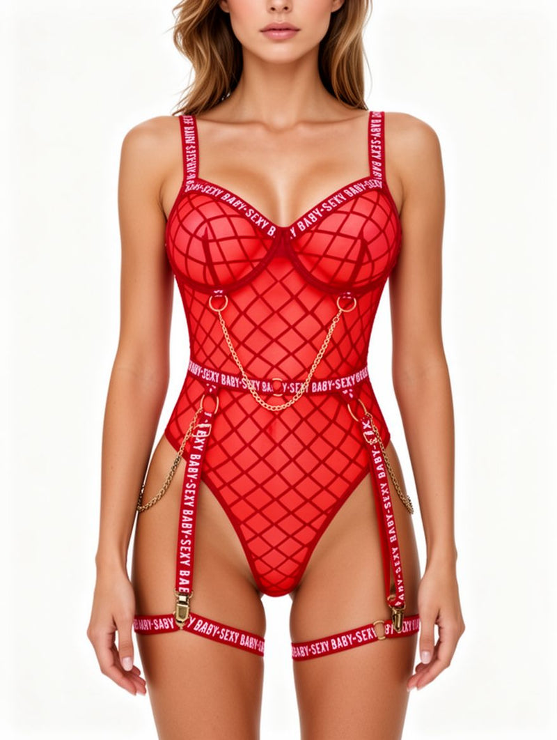 Women's Red Lace Underwire Teddy Bodysuit with Garter Straps