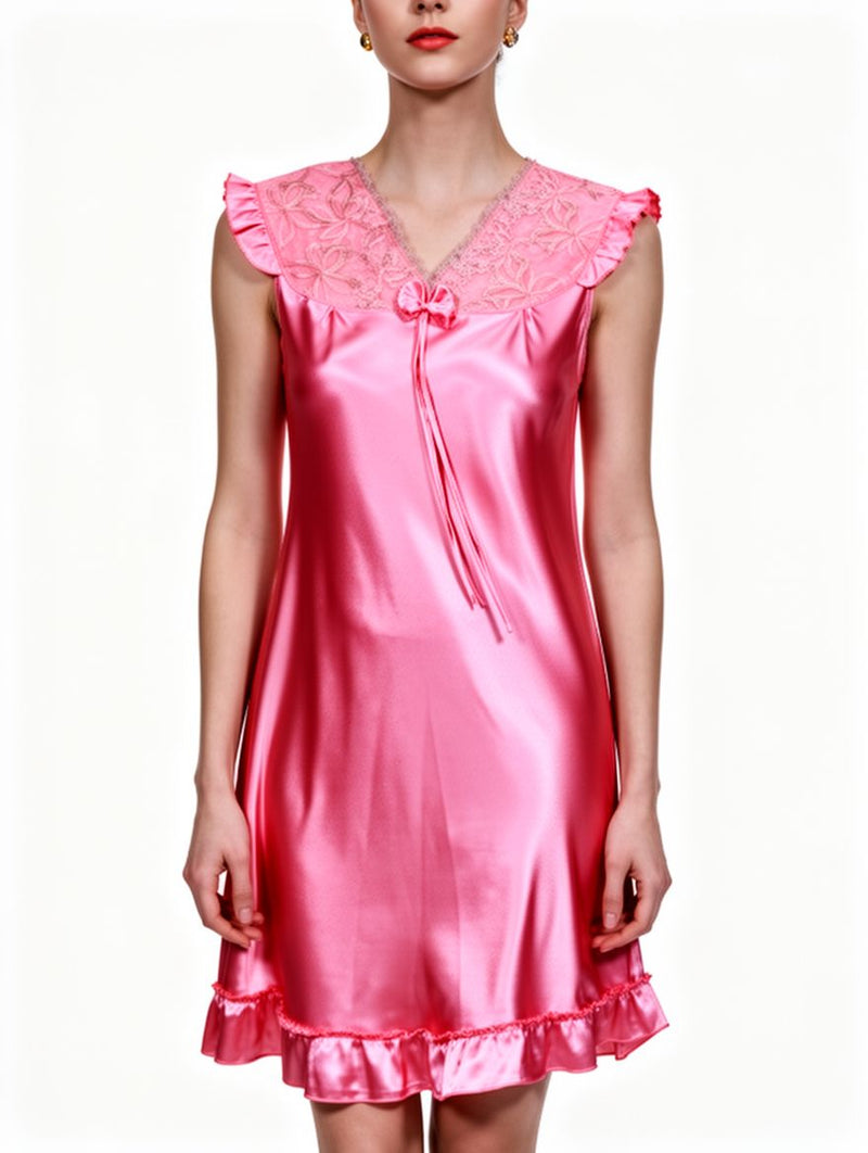 Women's Coral Pink Satin Lace-Yoke Ruffle Nightgown