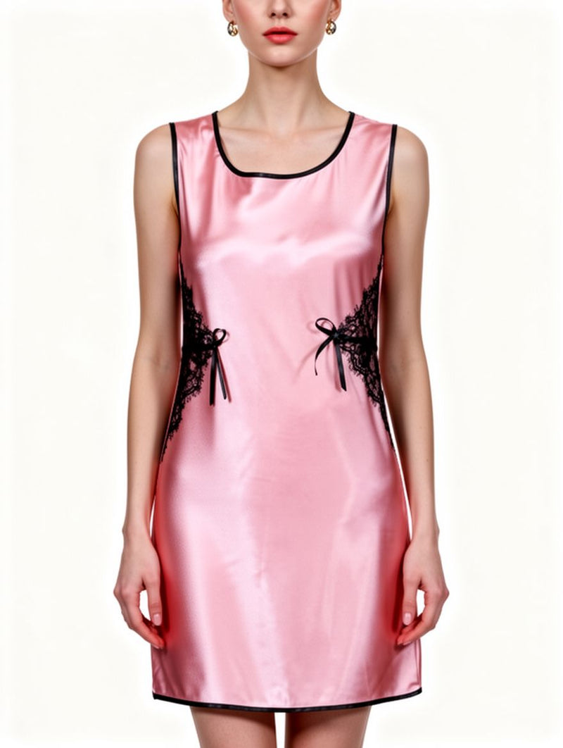 Women's Pink Satin Black Lace-Bow Sleeveless Chemise