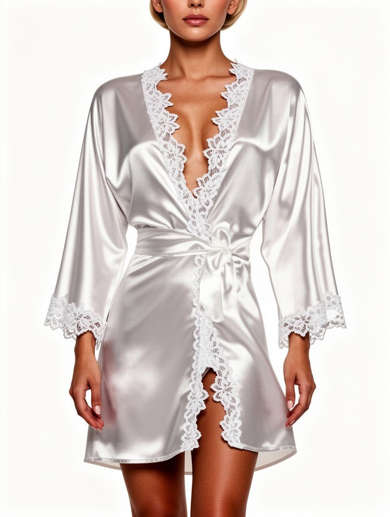 Women's White Satin Lace-Trim Short Robe