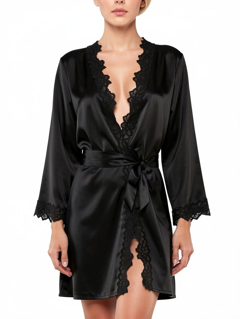 Women's Black Satin Lace-Trim Short Robe