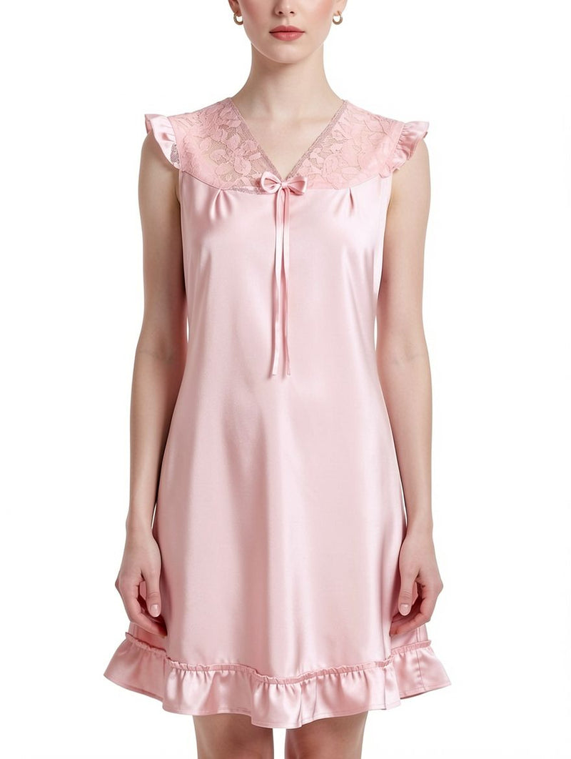 Women's Blush Pink Satin Lace-Yoke Ruffle Nightgown