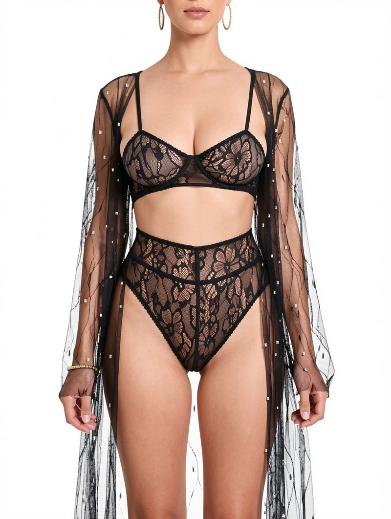 Women's Black Pearl-Embellished Sheer Mesh Long Robe