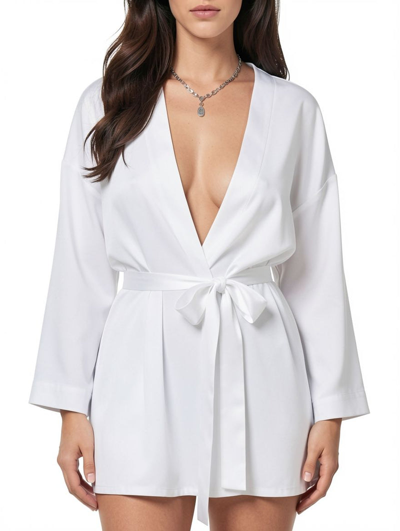 Women's White Satin Tie-Sash Plunge Short Robe