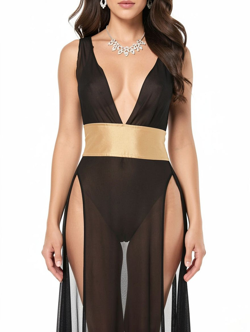 Women's Black and Gold Sheer Mesh Deep-V High-Slit Gown