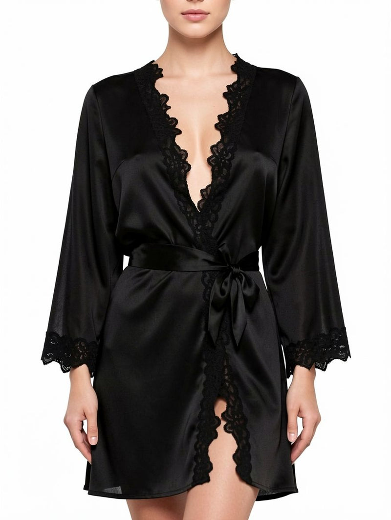 Women's Black Satin Lace-Trim Kimono Robe & Sash
