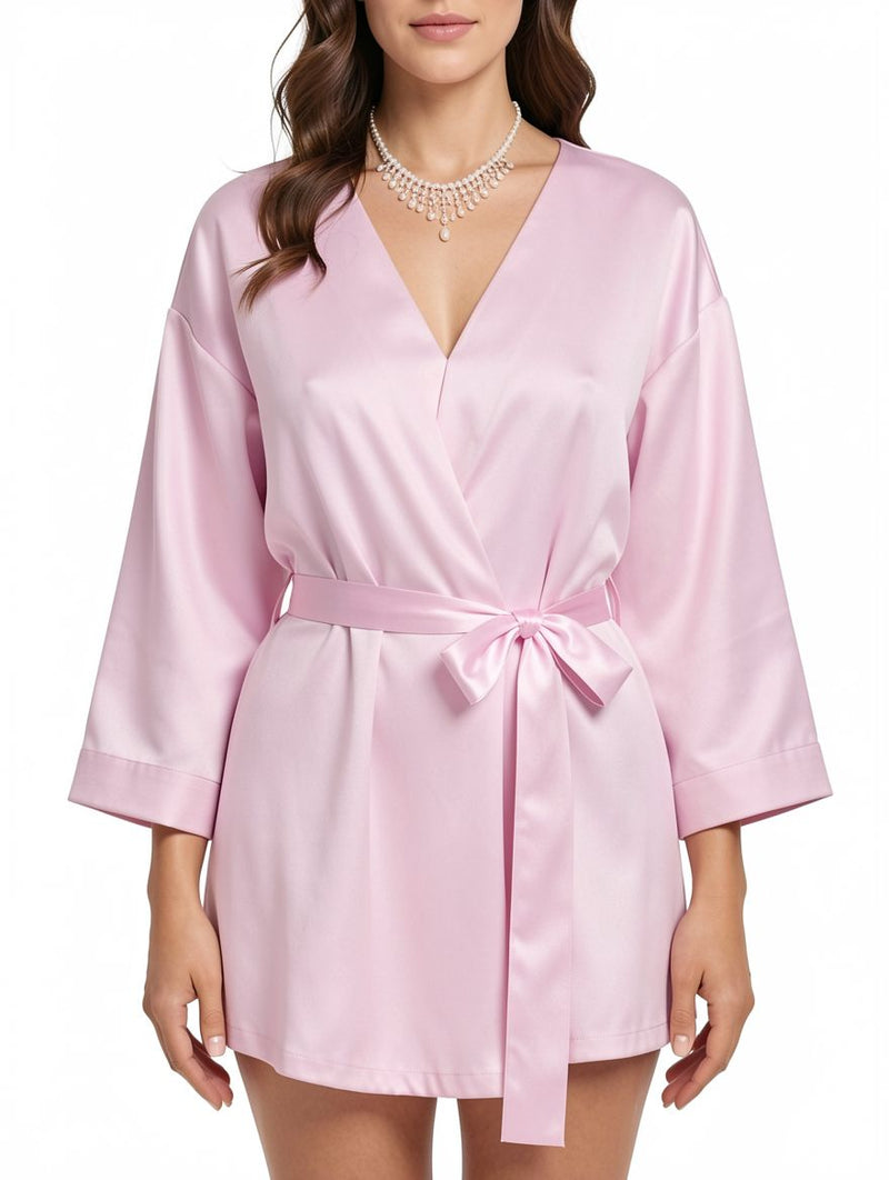 Women's Pink Satin Tie-Sash Plunge Short Robe