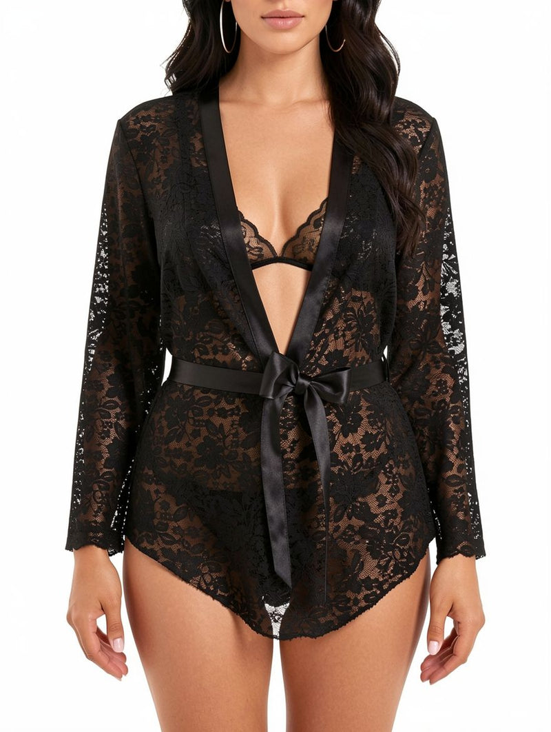 Women's Black Floral Lace Satin-Trim Belted Robe Set