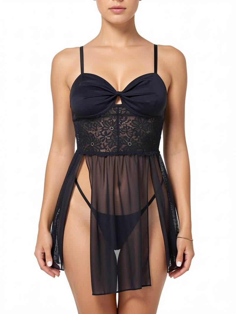 Women's Sexy Black Lace-Up Back Sheer Babydoll Lingerie