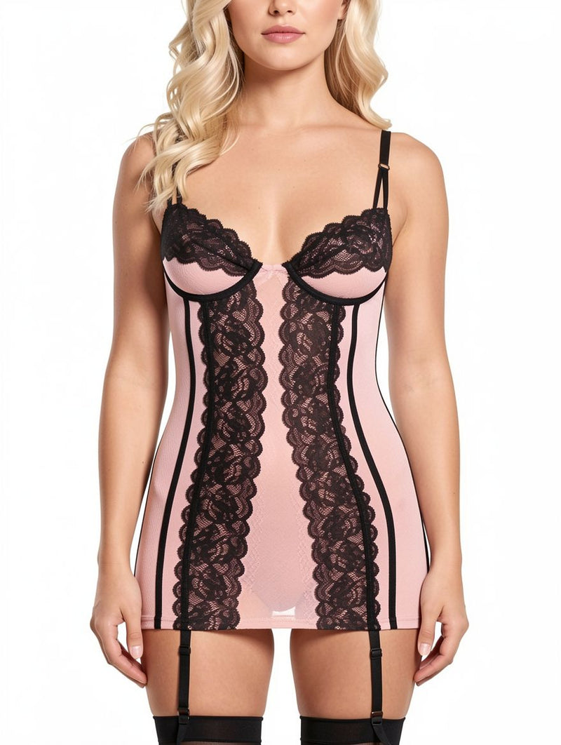 Women's Sexy Pink Lace Trim Chemise Lingerie