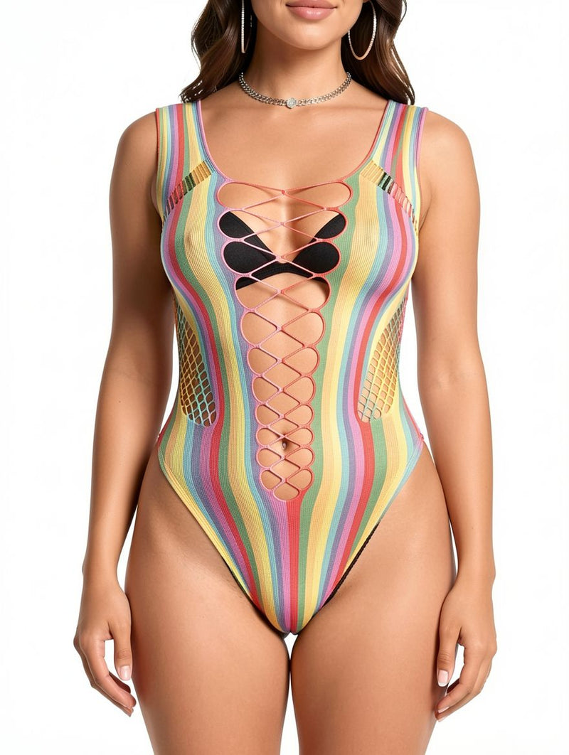 Women's Rainbow Stripe Fishnet Lace-Up Bodysuit