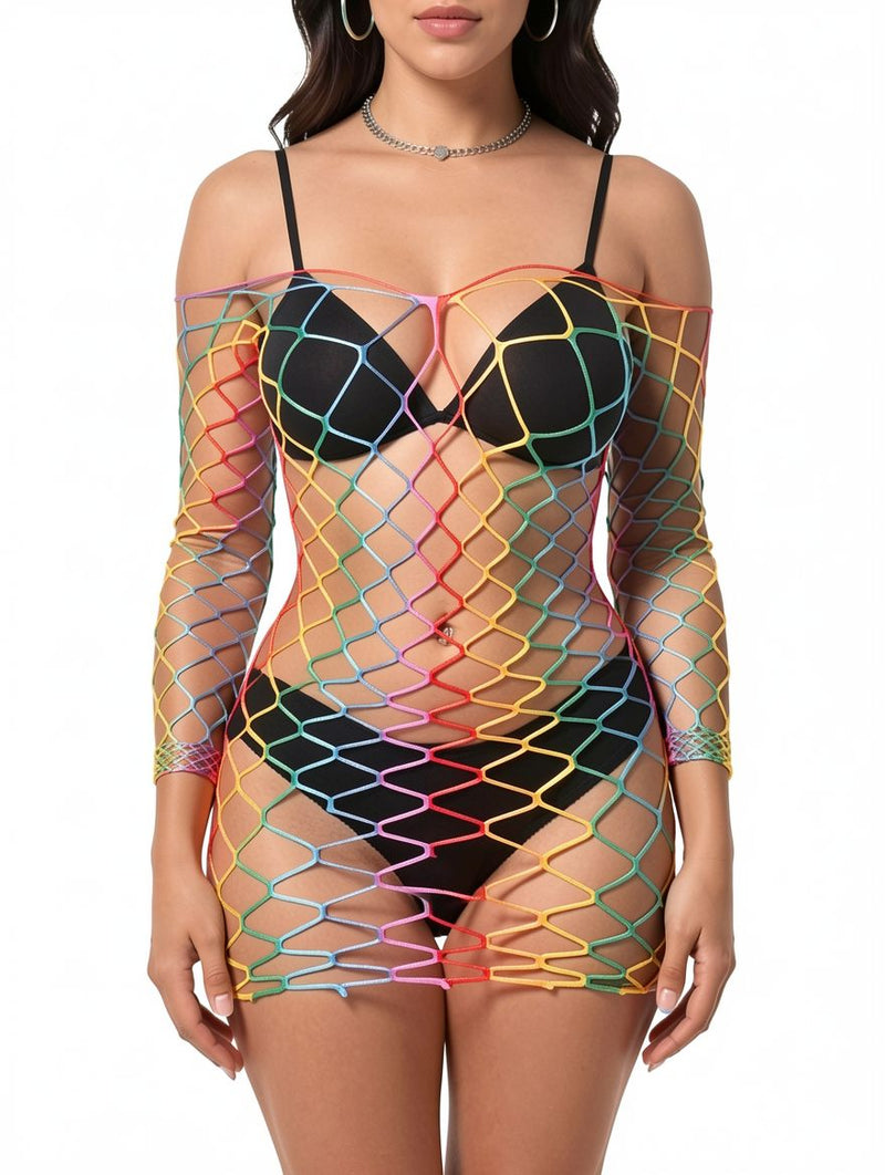 Women's Rainbow Multicolor Large-Mesh Fishnet Off-Shoulder Mini Dress