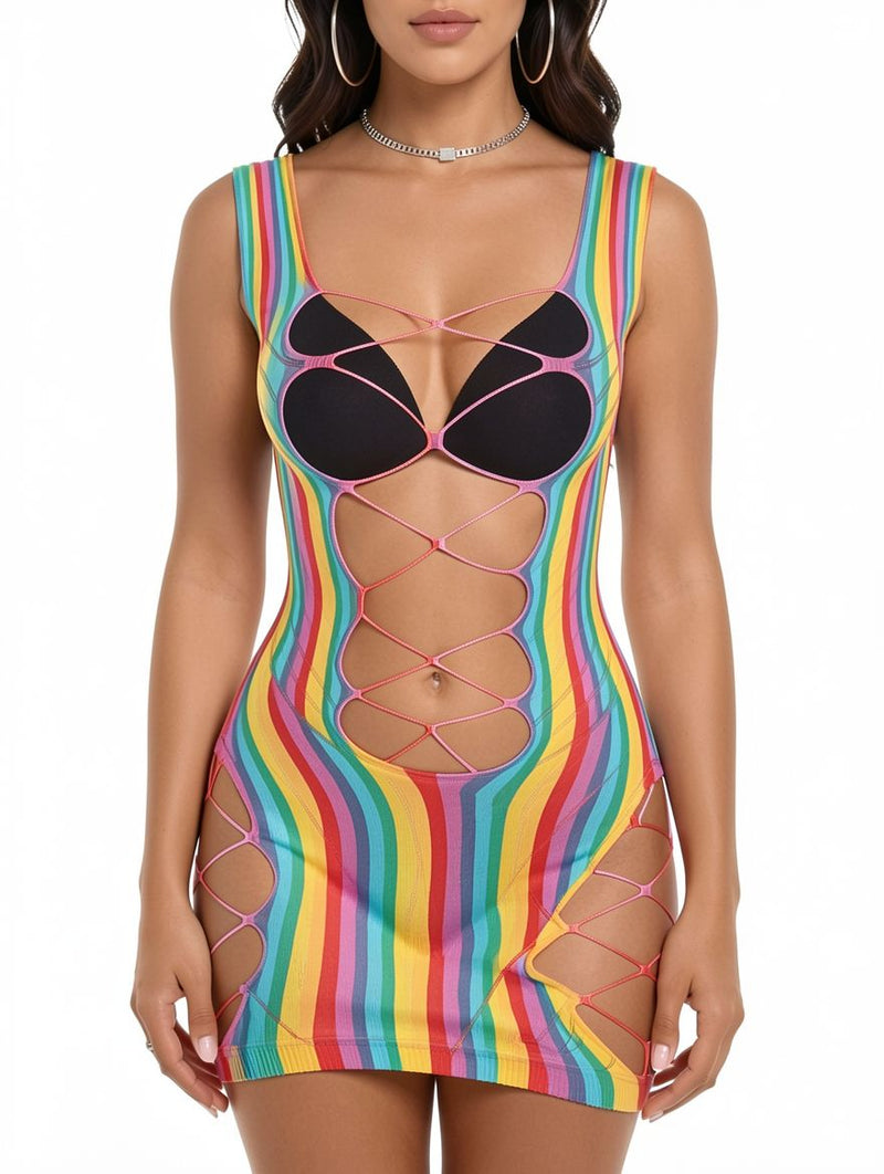 Women's Rainbow Stripe Fishnet Lace-Up Mini Dress