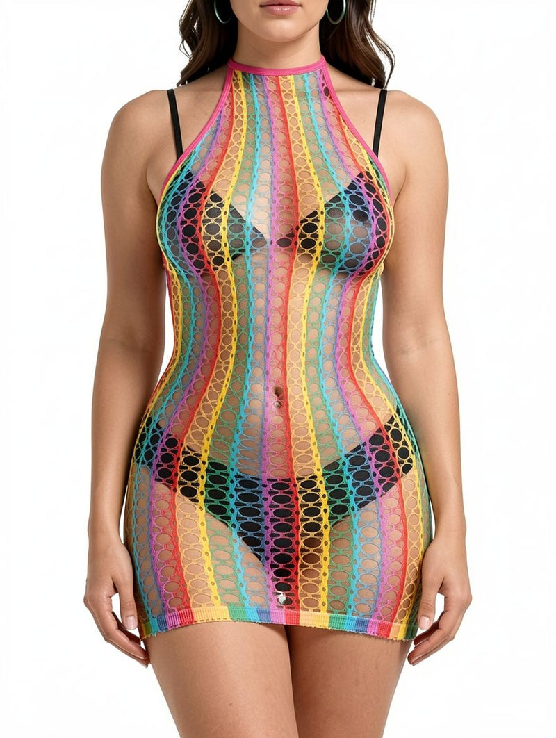Women's Rainbow Stripe Fishnet Halter Neck Mini Dress