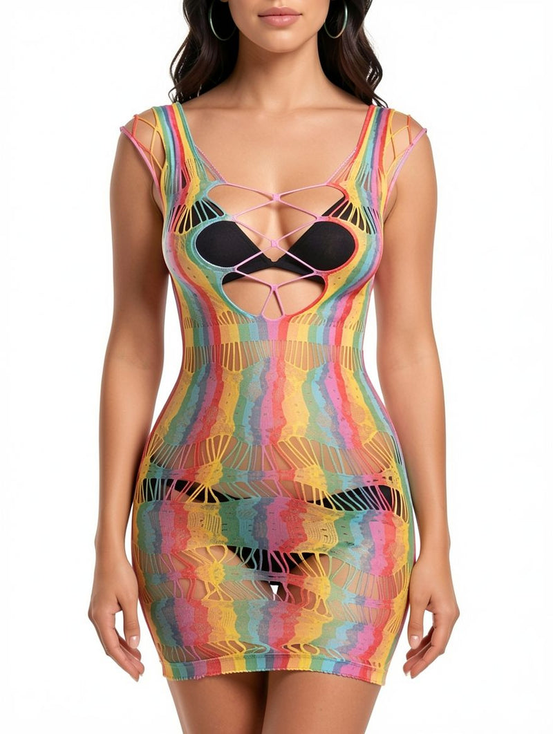 Women's Rainbow Stripe Fishnet Cutout Mini Dress