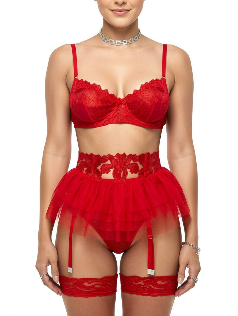 Women's Red Lace Bralette and Tulle Skirt Lingerie Set