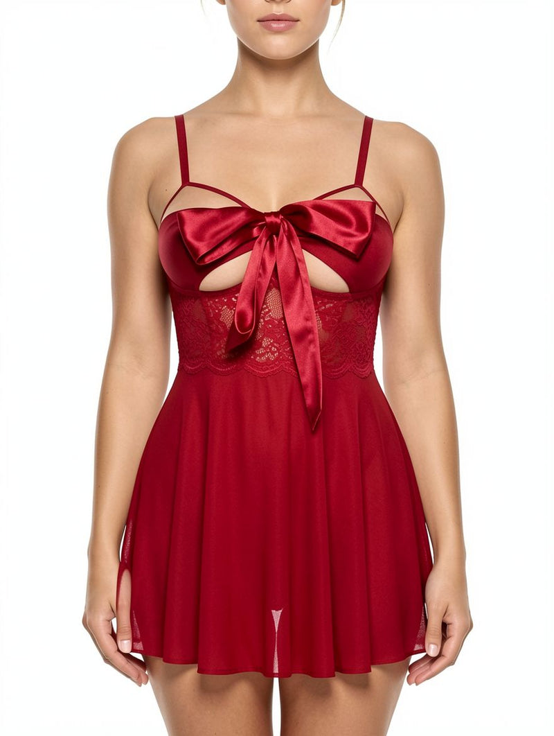 Women's Red Satin Bow Mesh Babydoll Chemise Lingerie