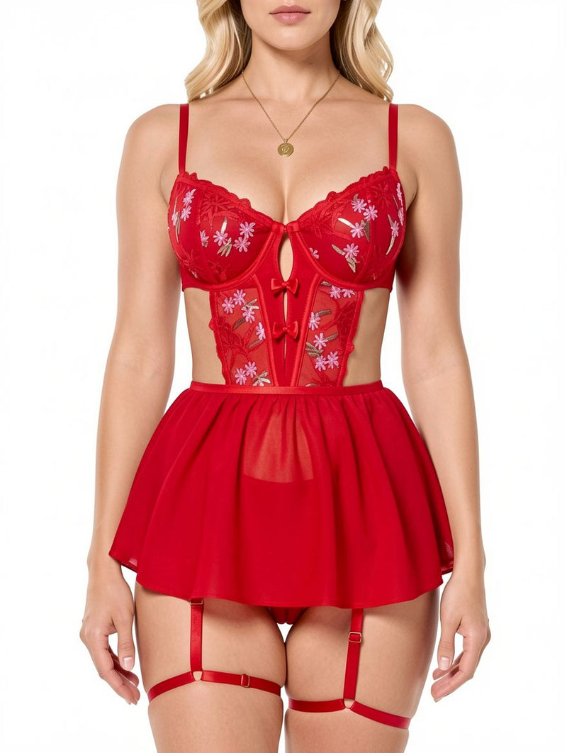 Women's Red Floral Embroidered Babydoll Garter Lingerie Set