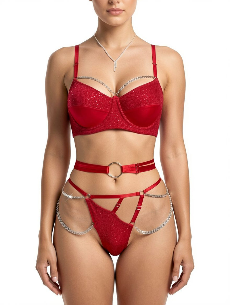 Women's Red Faux Leather Chain-Trim Bralette Lingerie Set