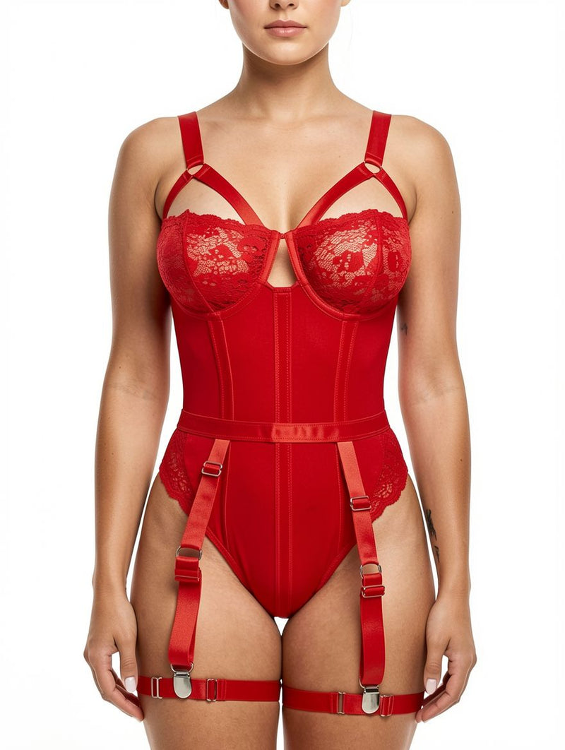 Women's Red Lace Underwire Corset Teddy with Garter Straps