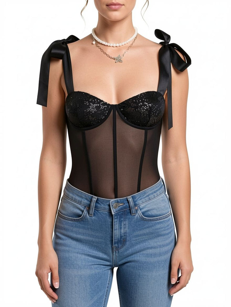 Women's Sexy Black Sequin Mesh Lace-Up Back Bow Strap Corset Bustier Top
