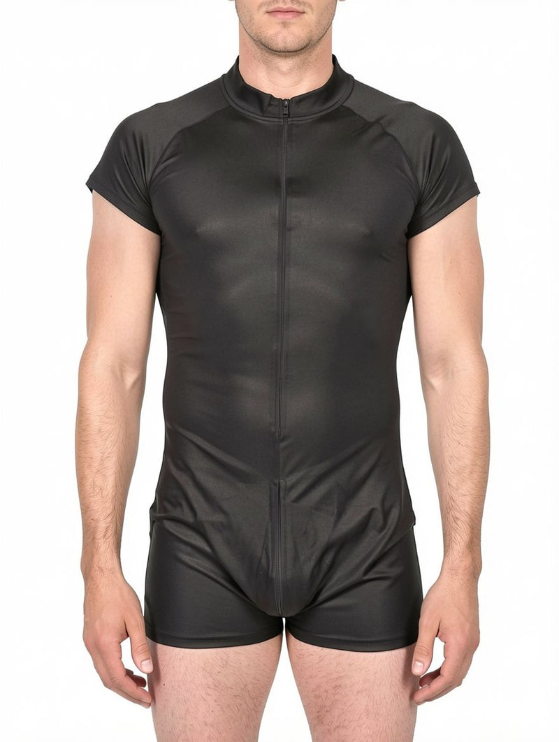Men's Faux Leather Cap Sleeve Zip-Front Bodysuit