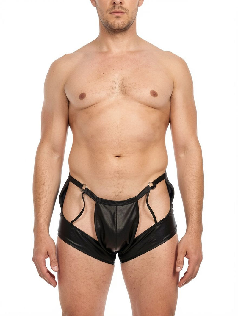 Men's Faux Leather Open-Back Garter Shorts