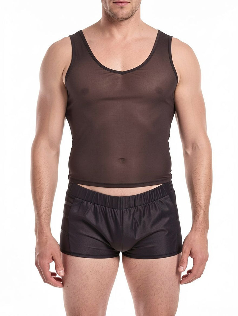 Men's Sheer Mesh Tank Top & Faux Leather Mesh Boxer Set