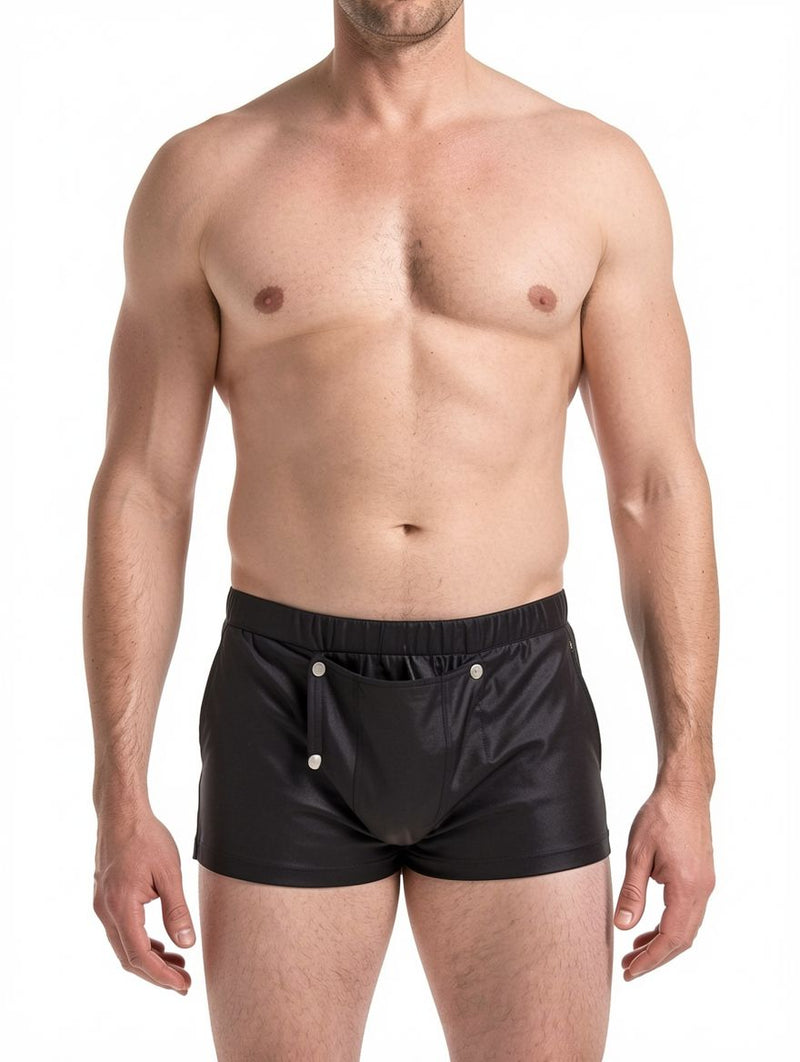 Men's Faux Leather Snap Button Open-Side Boxer Shorts