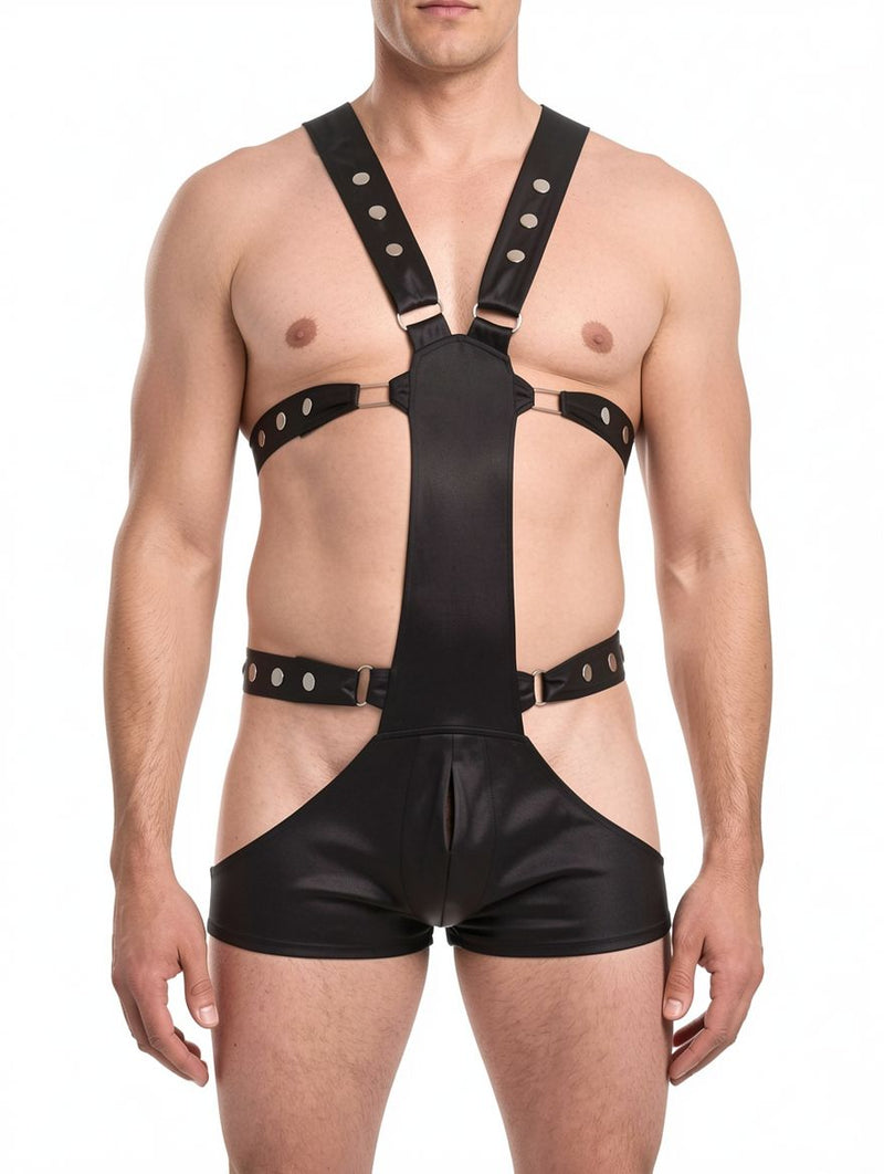 Men's Fetish Faux Leather Chest Harness & Thong Garter Set