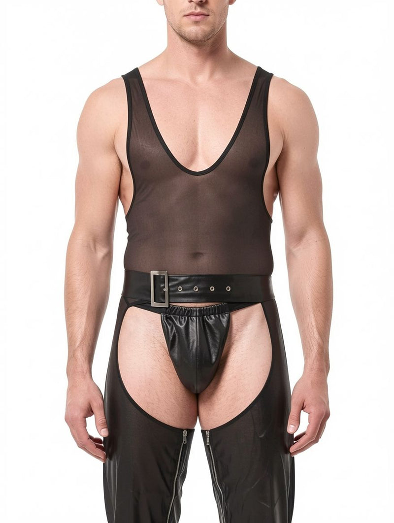 Men's Faux Leather Open Chaps with Belt & Thong