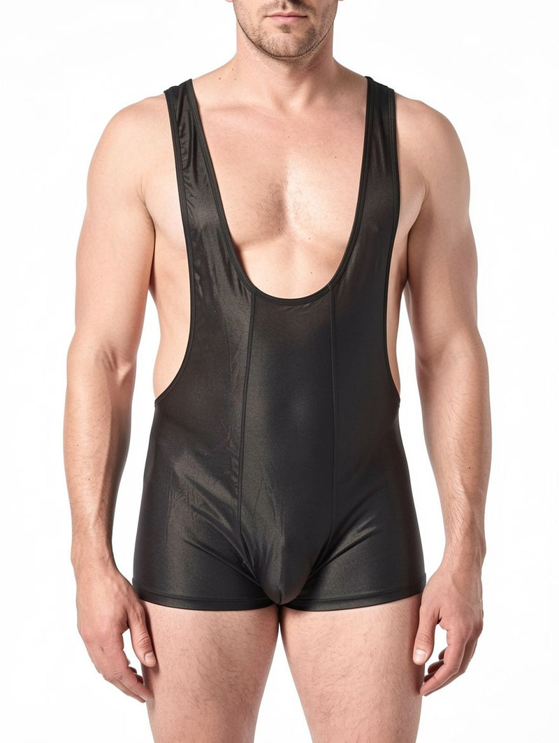 Men's Faux Leather Open-Side Singlet Bodysuit