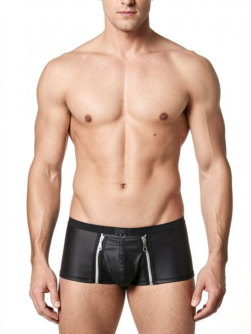 Men's Black Faux Leather Double-Zip Boxer Trunks