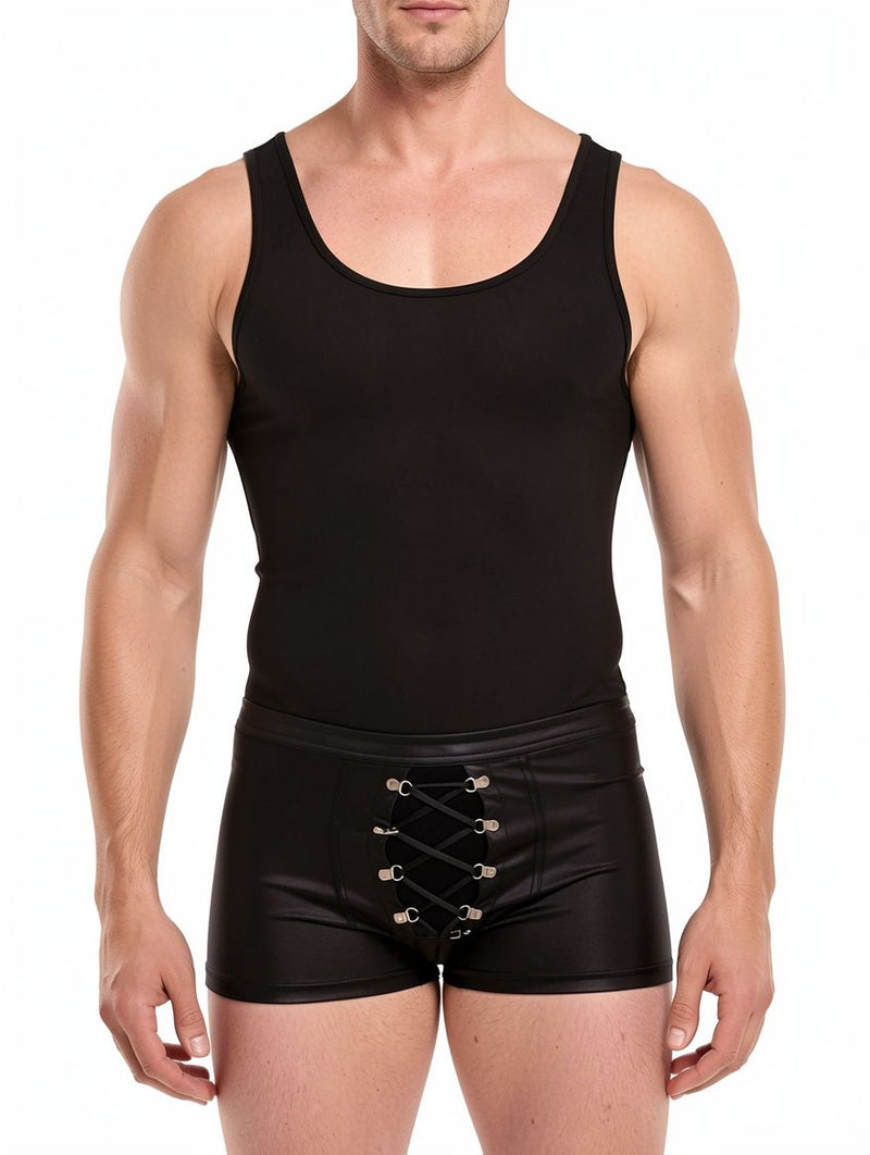 Men's Black Faux Leather Front Lace-Up Boxer Trunks