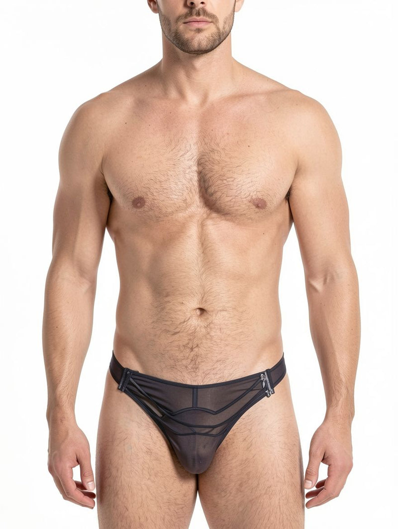 Men's Black Wet-Look Strappy Caged Pouch Thong