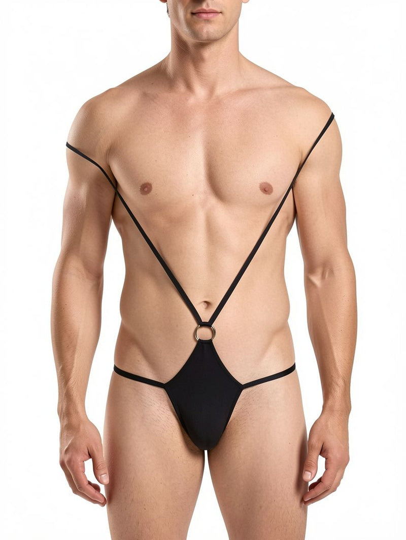 Men's Black Sheer Mesh O-Ring G-String Sling Bodysuit