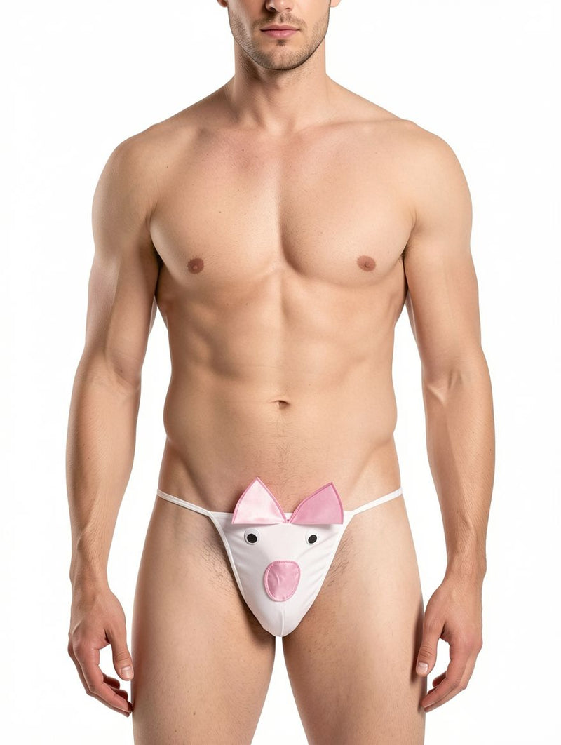 Men's White Novelty Pig Pouch G-String Thong