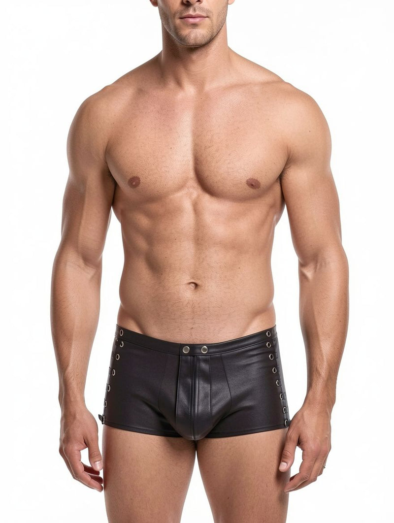Men's Black Faux Leather Lace-Up Side Boxer Trunks