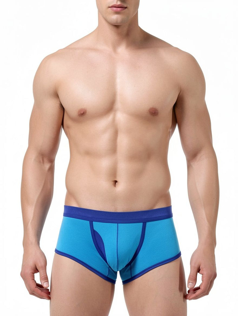 Men's Blue Cotton Contrast-Trim Pouch Boxer Briefs