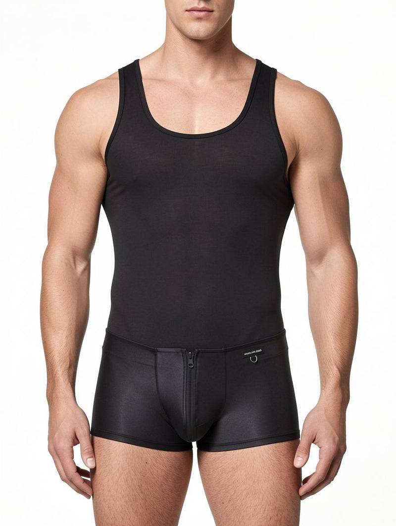 Men's Black Wet-Look Faux Leather Zip-Front Boxer Trunks