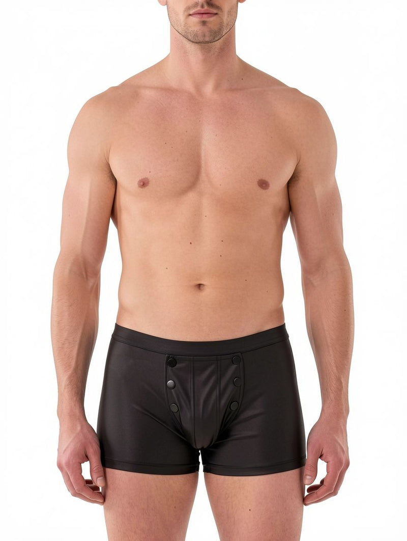 Men's Black Faux Leather Snap-Front Boxer Trunks