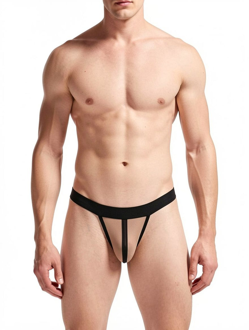 Men's Black Open-Pouch Strappy Cutout Thong