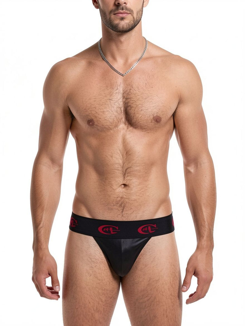 Men's Black Wet-Look Pouch Thong With Logo Waistband