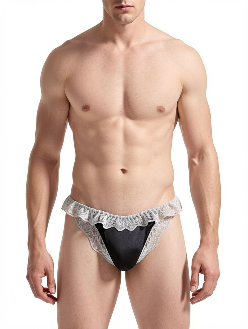 Men's Black Wet-Look Ruffled Lace Trim Bikini Brief