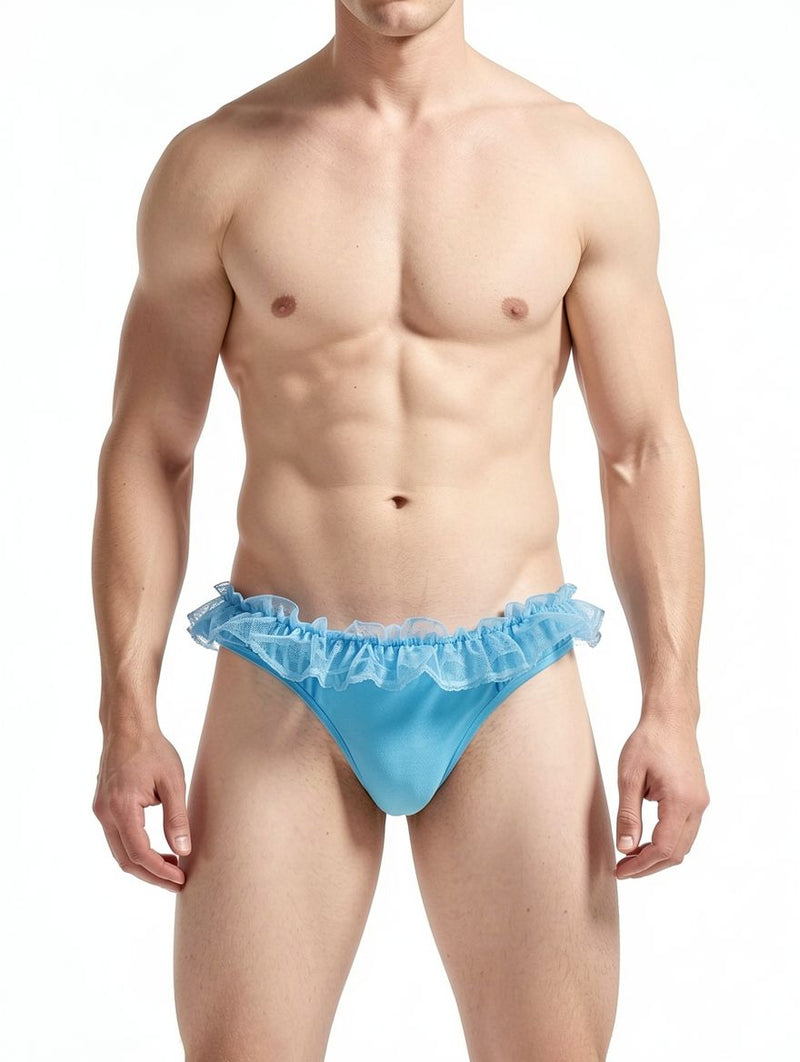 Men's Pink Sheer Lace Ruffle Trim Bikini Brief
