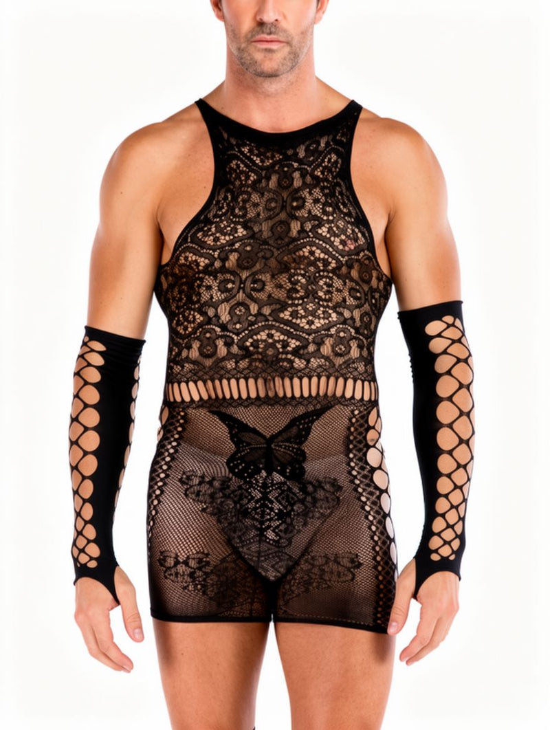 Men's Black Lace Fishnet Chemise Dress With Arm Sleeves