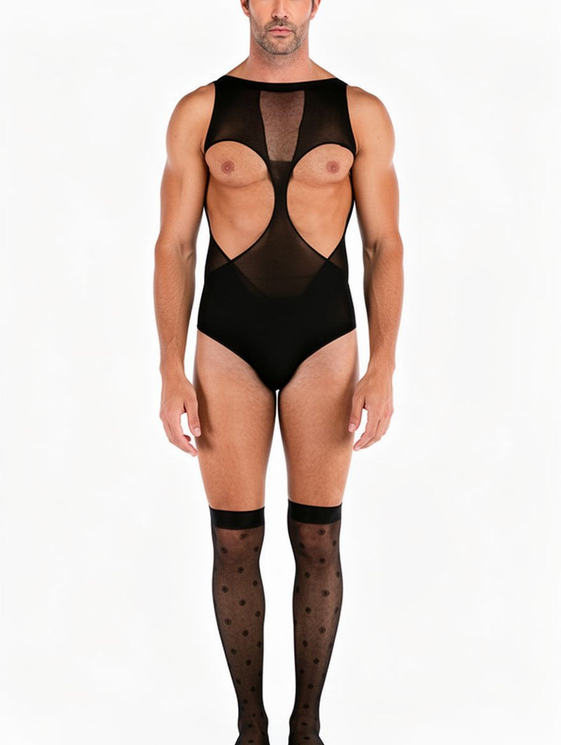 Men's Black Sheer Cutout Sleeveless Teddy Bodysuit